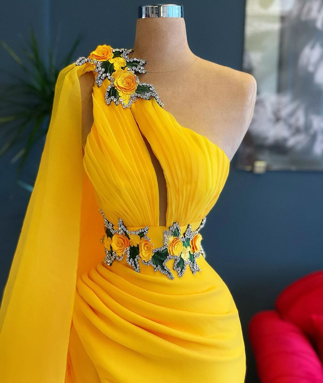 One Shoulder Yellow Floral Appliques Beads Mermaid Evening Gown with Cape-newarrivaldress