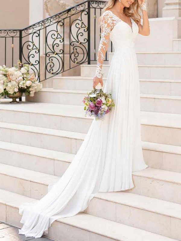 Lace Wedding Dresses 2022 Chiffon V Neck A Line Long Sleeve Lace Applique Beach Wedding Bridal Dress With Train Free Customization-newarrivaldress