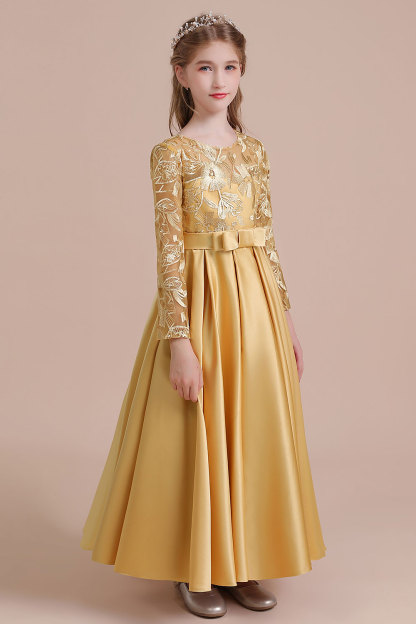 Ankle Length Flower Girl Dress for Weddings| Long Sleeve Satin Little Girls Dress-newarrivaldress