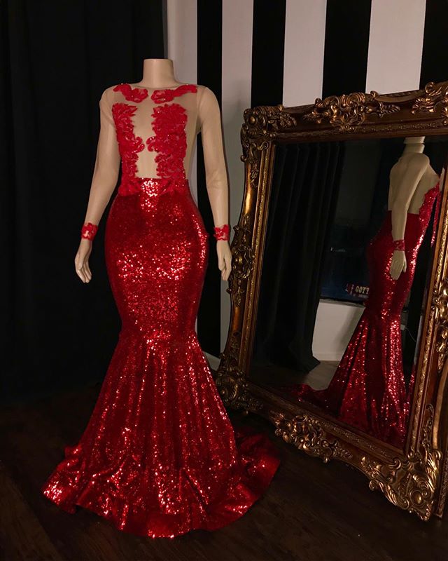 New Arrival Long Sleeve Sequins Mermaid Prom Gowns | Glamorous Sheer Tulle Red Evening Dress-newarrivaldress