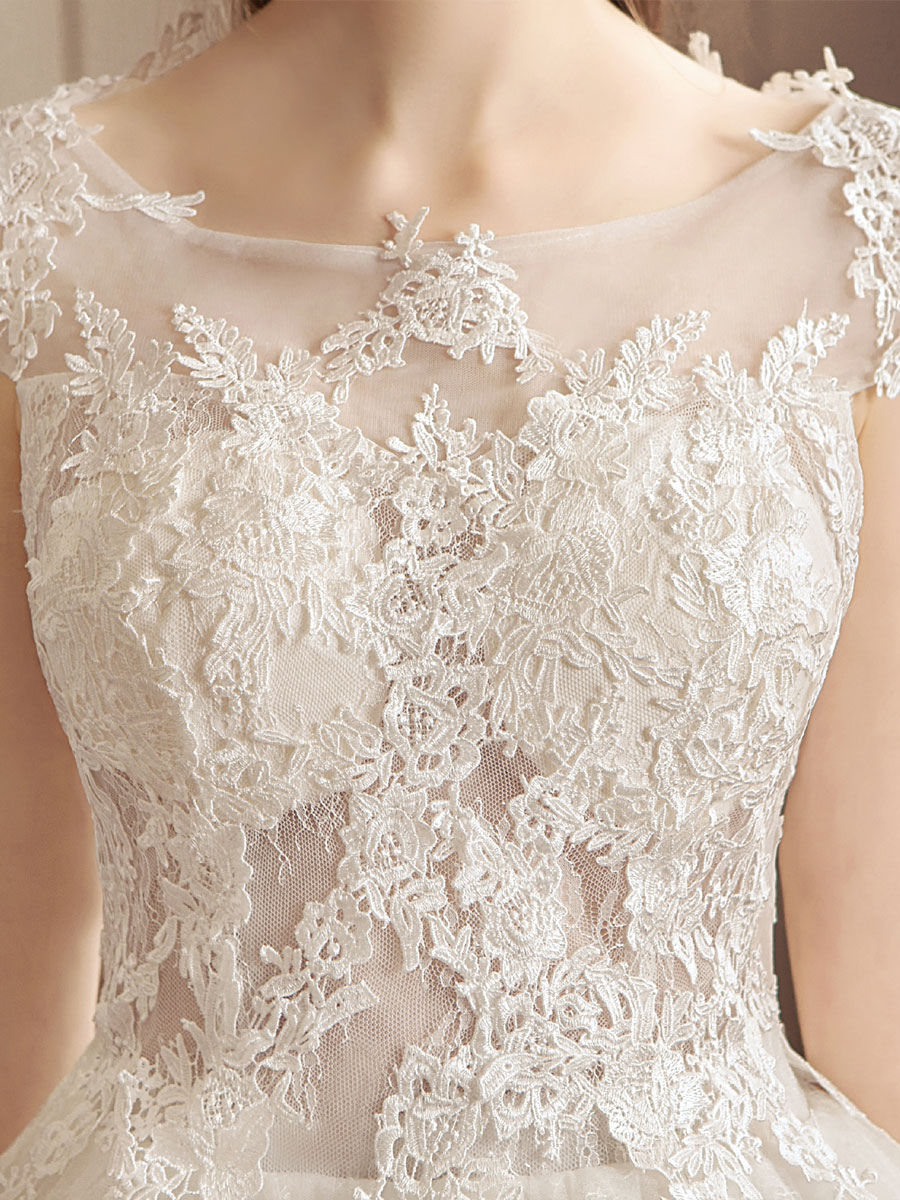 Lace Wedding Dresses Princess Bridal Gown Ivory Jewel Neck Short Sleeve Bridal Dress With Train-newarrivaldress