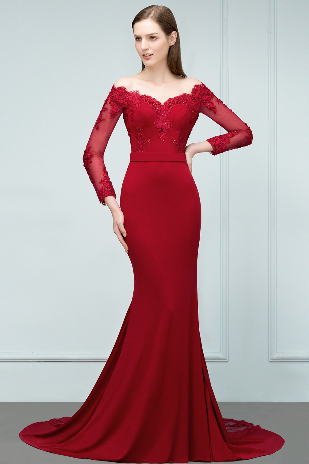 JOYCE | Mermaid Floor Length V-neck Off-shoulder Long Sleeves Appliqued Prom Dresses-newarrivaldress