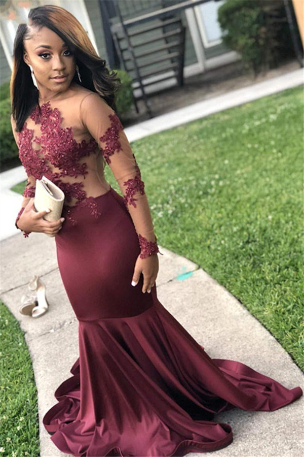 Burgundy Long Sleeves Open Back Mermaid Prom Dresses | See-Through Appliques Evening Gowns-newarrivaldress