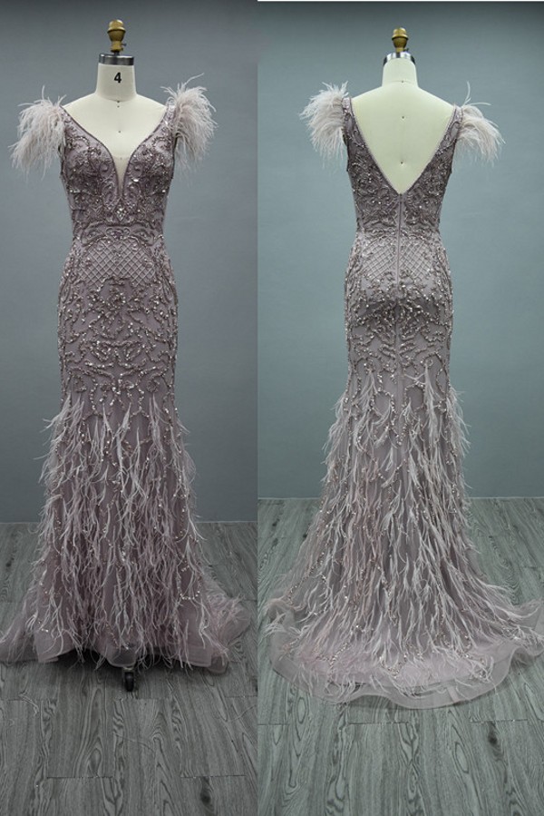 Stunning Fur V-Neck Mermaid Evening Gown Backless Crystals Long Party Dress-newarrivaldress