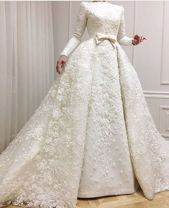 Muslim Lace Appliques Jewel Ball Gown Bridal Dress | Luxury Beaded Overskirt Long Sleeve Wedding Dresses Online-newarrivaldress