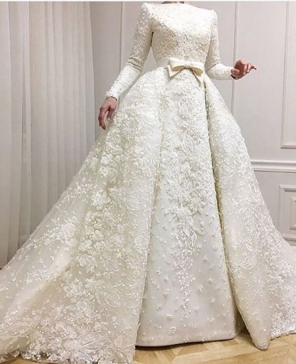 Muslim Lace Appliques Jewel Ball Gown Bridal Dress | Luxury Beaded Overskirt Long Sleeve Wedding Dresses Online-newarrivaldress