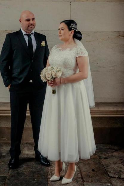 Elegant Tulle Lace Ankle Wedding Dresses Cap Sleeves Bridal Dress for Women-newarrivaldress