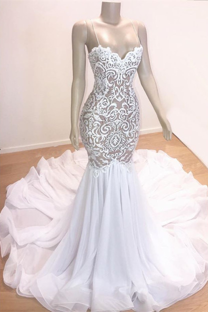 Gorgeous Appliques Spaghetti Straps Sleeveless Mermaid Prom Dresses-newarrivaldress