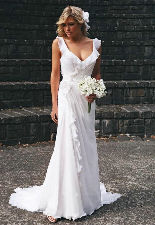Stunning Backless Chiffon Wedding Dresses | Summer Beach Ruffles Sleeveless Bridal Gowns-newarrivaldress