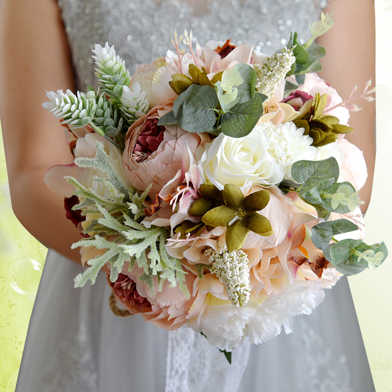 Real Touch Colorful Artifial Roses Wedding Bouquet