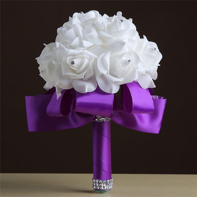 White Silk Rose Crystal Beading Bouquet in Colorful Handles-newarrivaldress