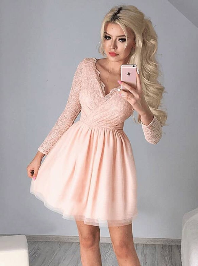 Newest Long Sleeve A-line V-neck Lace Short Homecoming Dress-newarrivaldress