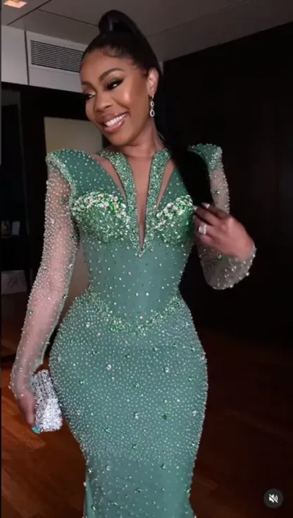 Shinning Applique Long Sleeves Green Mermaid Floor Length Prom Dress