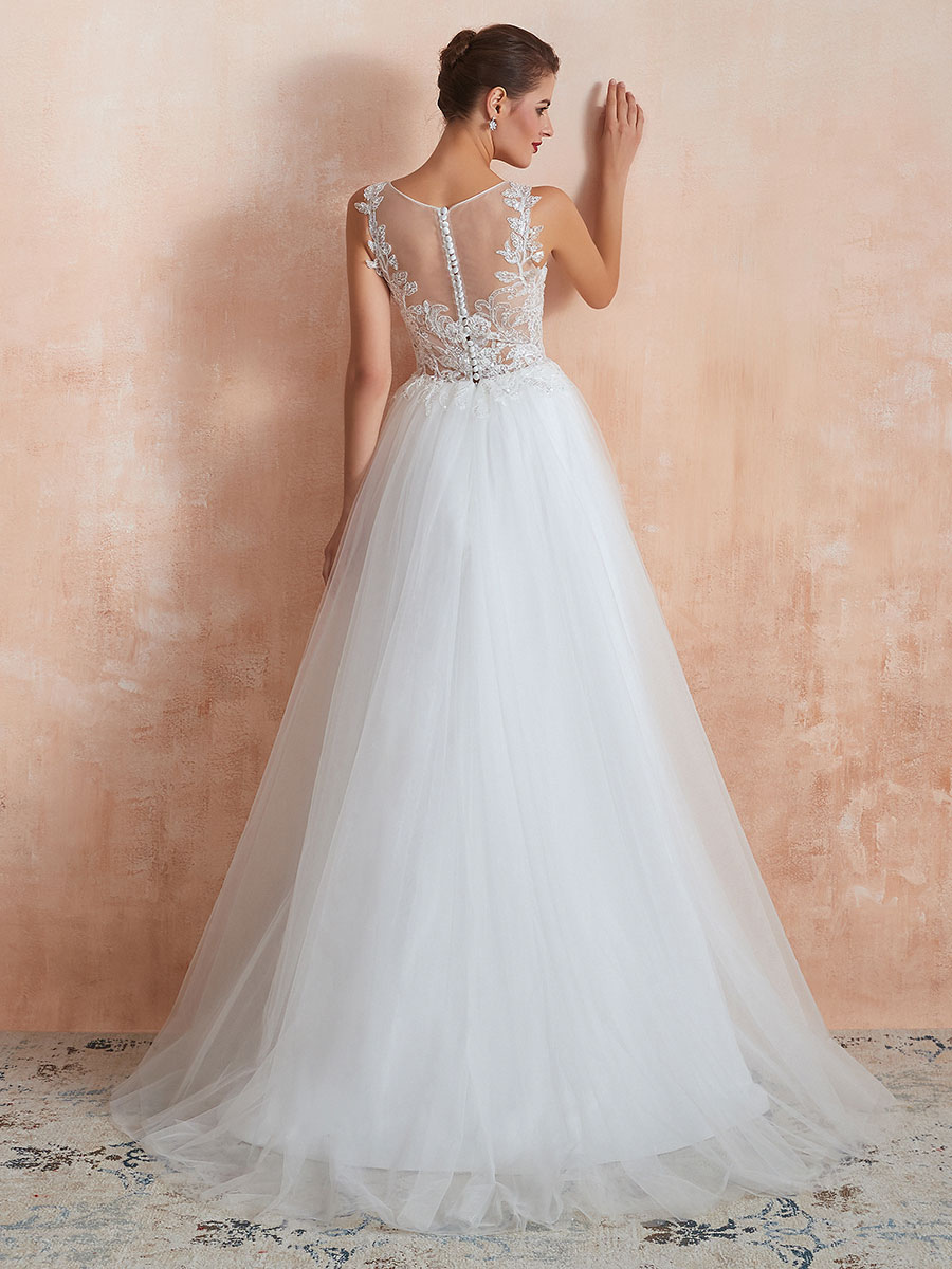 Wedding Dress 2021 A Line Sleeveless Lace Floor Length Tulle Bridal Gowns With Train-newarrivaldress
