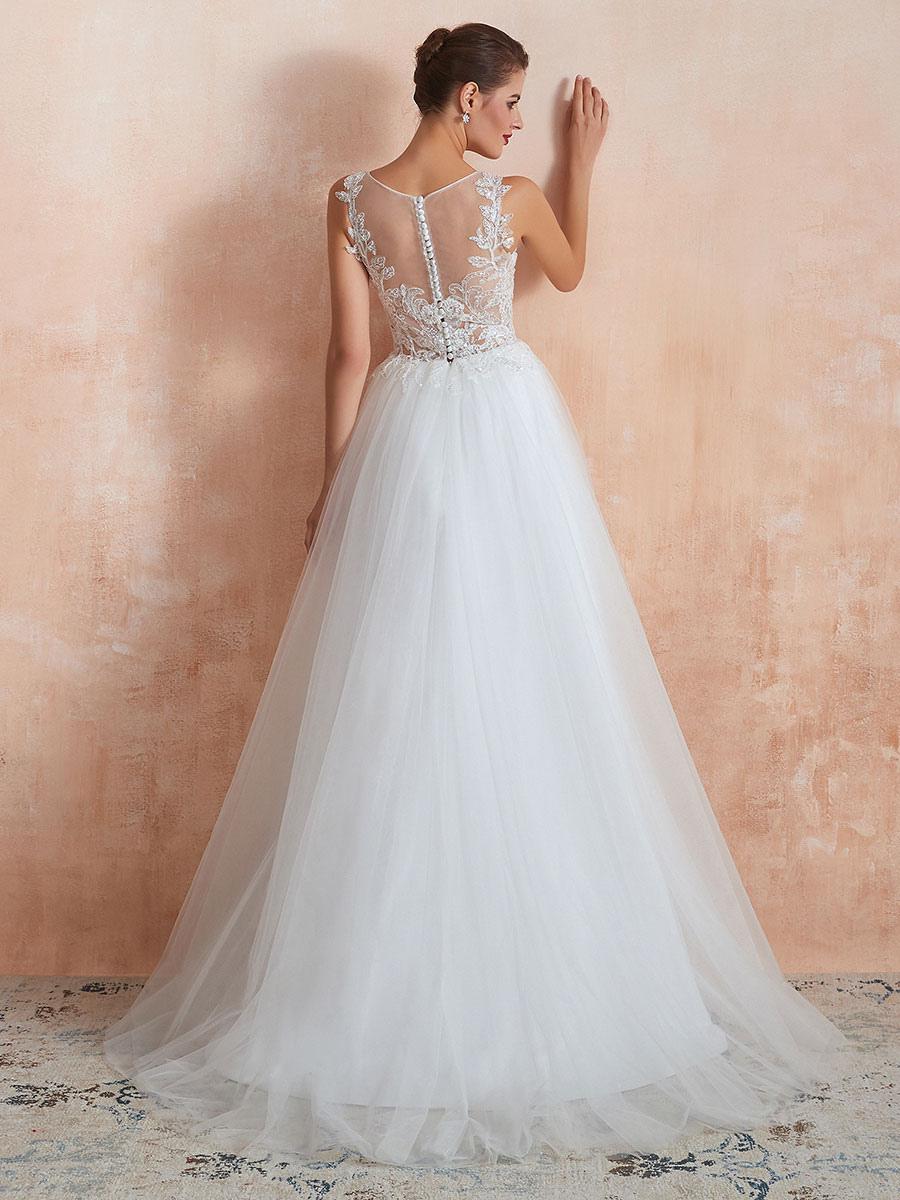 Wedding Dress 2021 A Line Sleeveless Lace Floor Length Tulle Bridal Gowns With Train-newarrivaldress