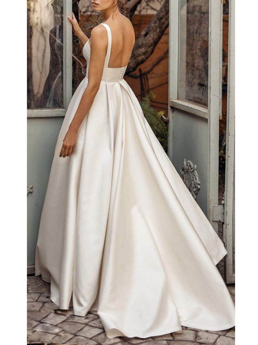Vintage Wedding Dresses Square Neck Sleeveless Natural Waist Satin Fabric Court Train Sash Bridal Dress-newarrivaldress