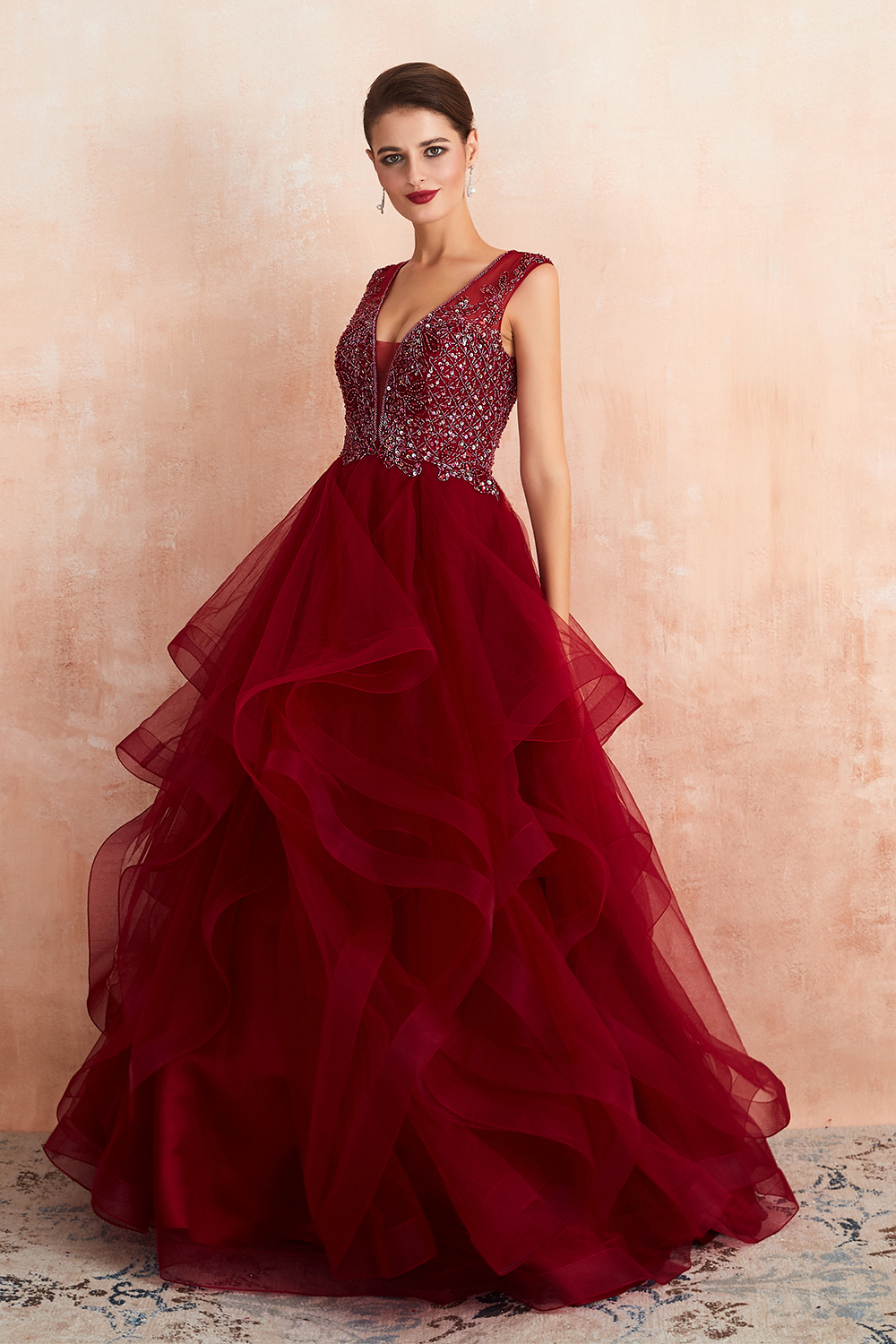 Amazing Deep V-Neck Burgundy Layers Tulle Long Evening Dress Sparkly Beadings Sequins Party Dress-newarrivaldress