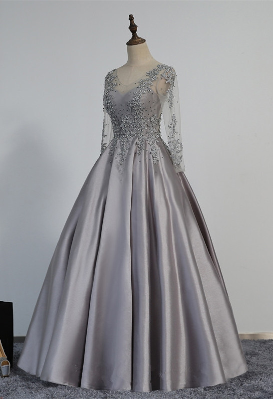 Long Sleeve Custom Made A-line Modest Beads Lace Appliques Prom Dresses-newarrivaldress