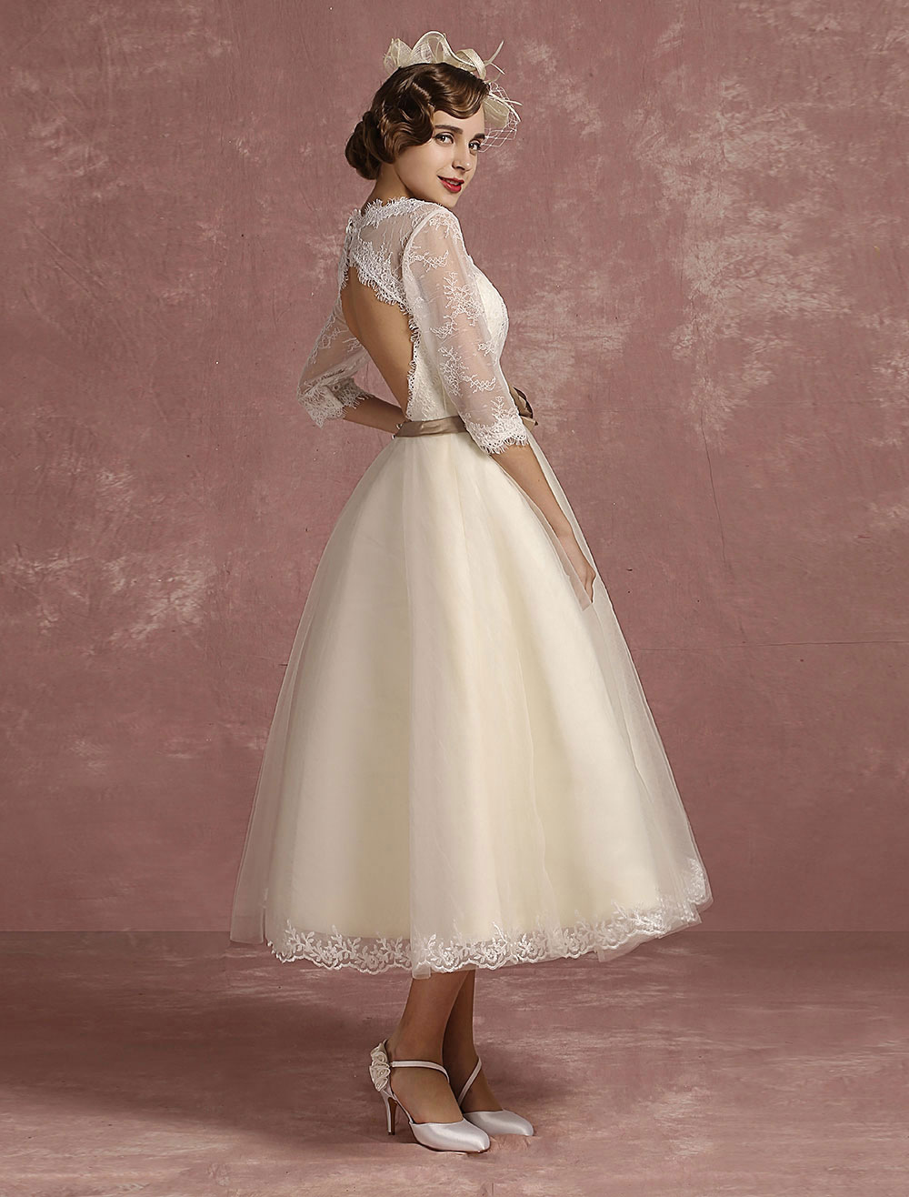 Vintage Wedding Dress Short Lace Tulle Bridal Dress Half Sleeve V Neck Backless A Line Flower Sash Tea Length Bridal Gown Exclusive-newarrivaldress