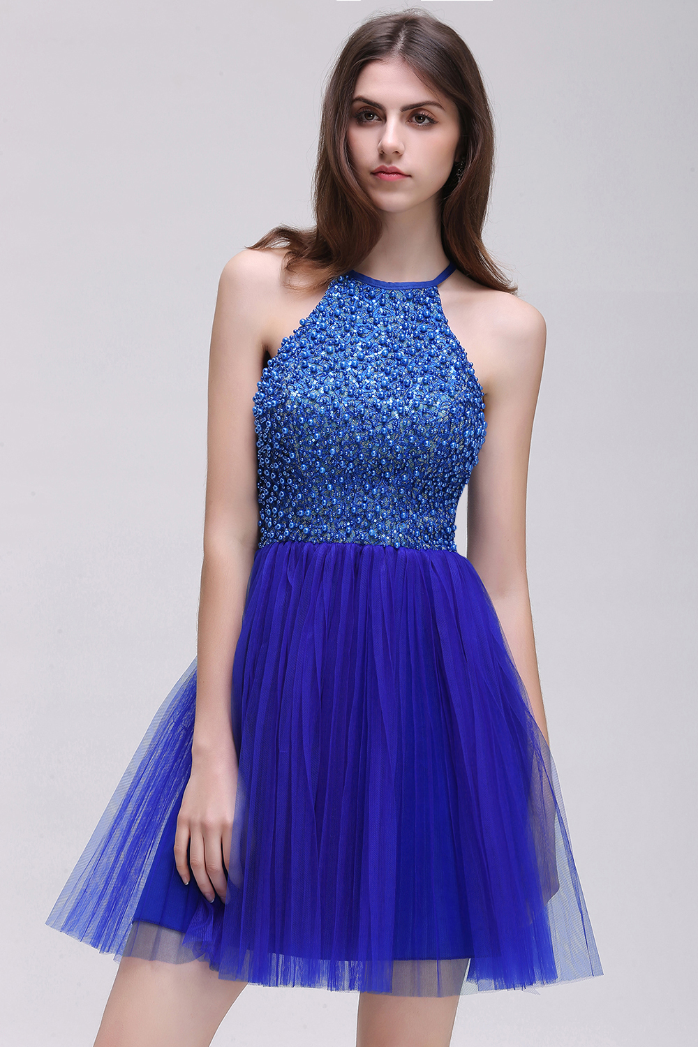 CAITLYN | A-line Halter Neck Short Tulle Royal Blue Homecoming Dresses with Beading-newarrivaldress