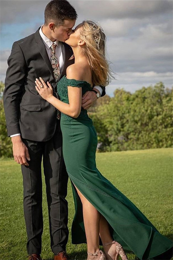 Green Off-The-Shoulder Appliques Side-Slit Mermaid Prom Dresses-newarrivaldress