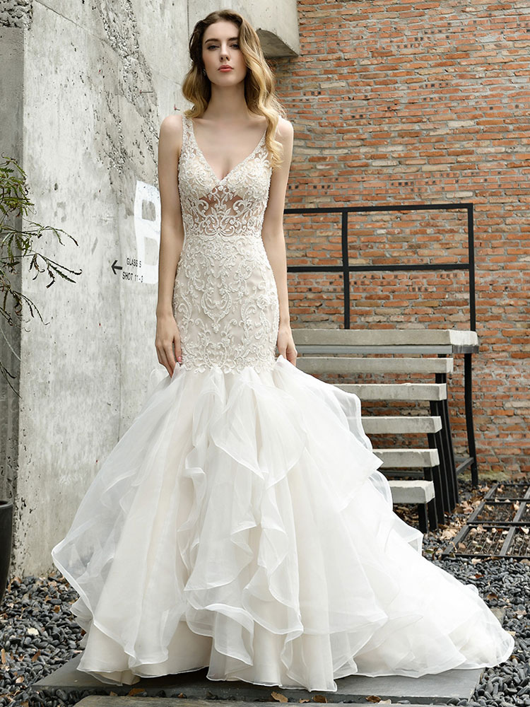 Wedding Bridal Gowns Mermaid Sleeveless V Neck Lace Bridal Gowns With Train-newarrivaldress
