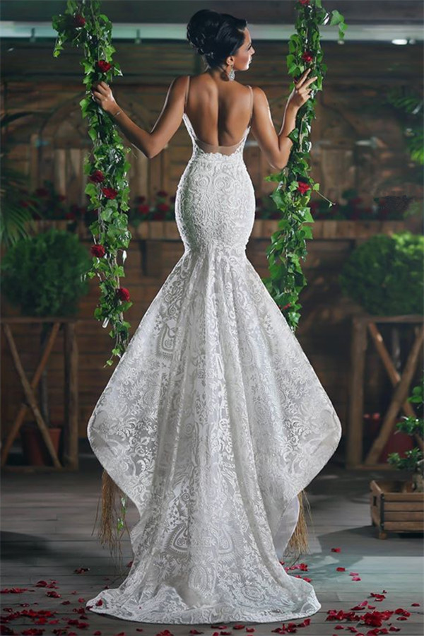 V-neck Mermaid Wedding Dresses | Lace Elegant Ope Back Tulle Straps Bridal Gowns-newarrivaldress