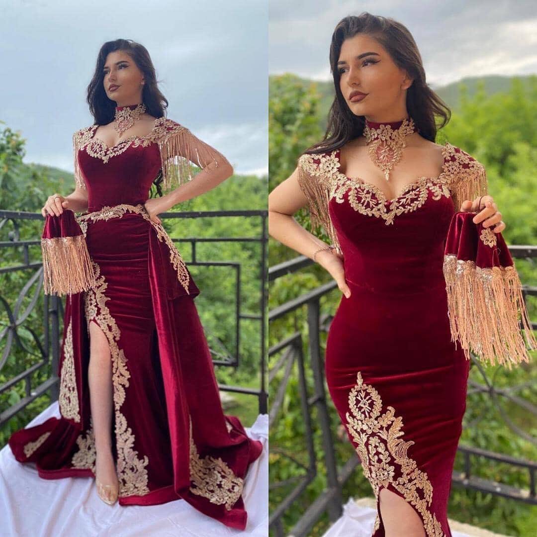 Burgundy Velvet Prom Dress Gold Appliques Floor Length Evening Dress-newarrivaldress