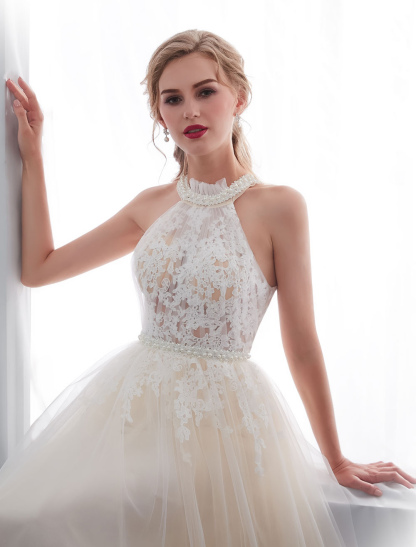 Beach Wedding Dresses Halter Champagne Lace Tulle Beaded Flowers Bridal Gowns With Train-newarrivaldress