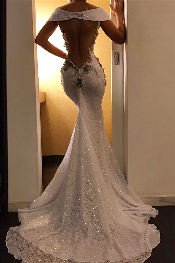 Gold Appliques Mermaid Long Formal Dresses| Off The Shoulder Sequins Lace Sexy Prom Dresses-newarrivaldress