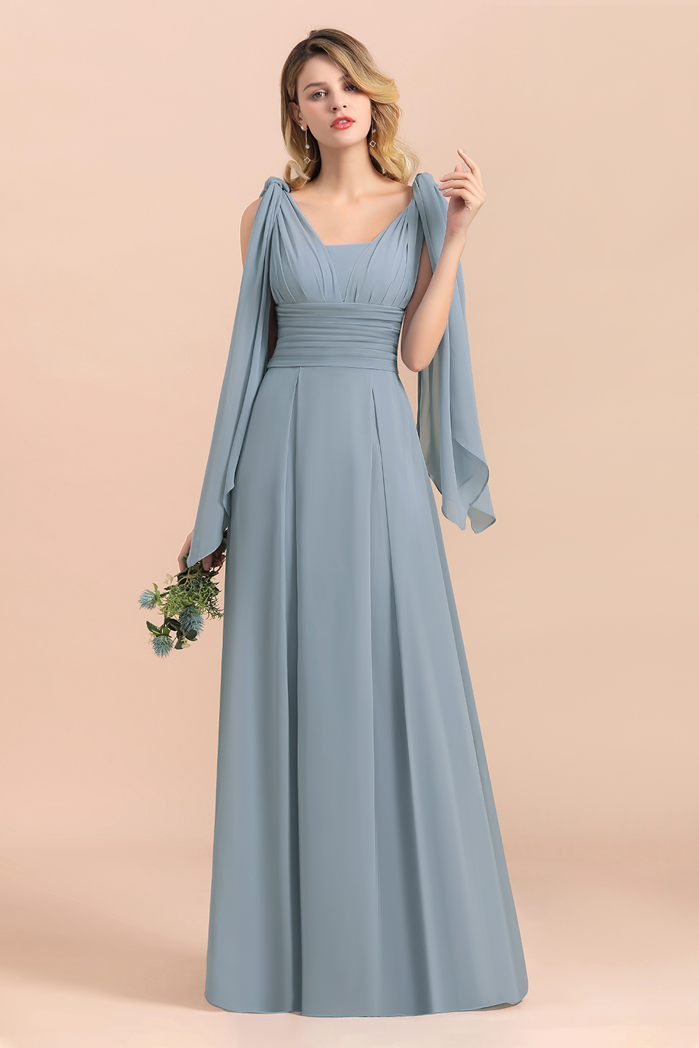 Glamorous Dusty Blue Ruffle Chiffon Long Bridesmaid Dresses-newarrivaldress