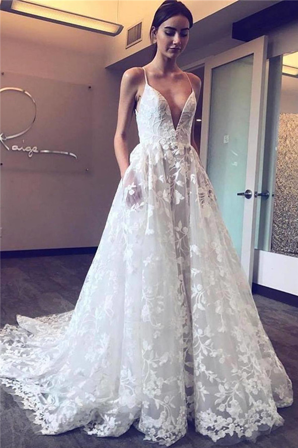 V-Neck Spaghetti Straps Tulle Appliques Court Train Wedding Dresses-newarrivaldress