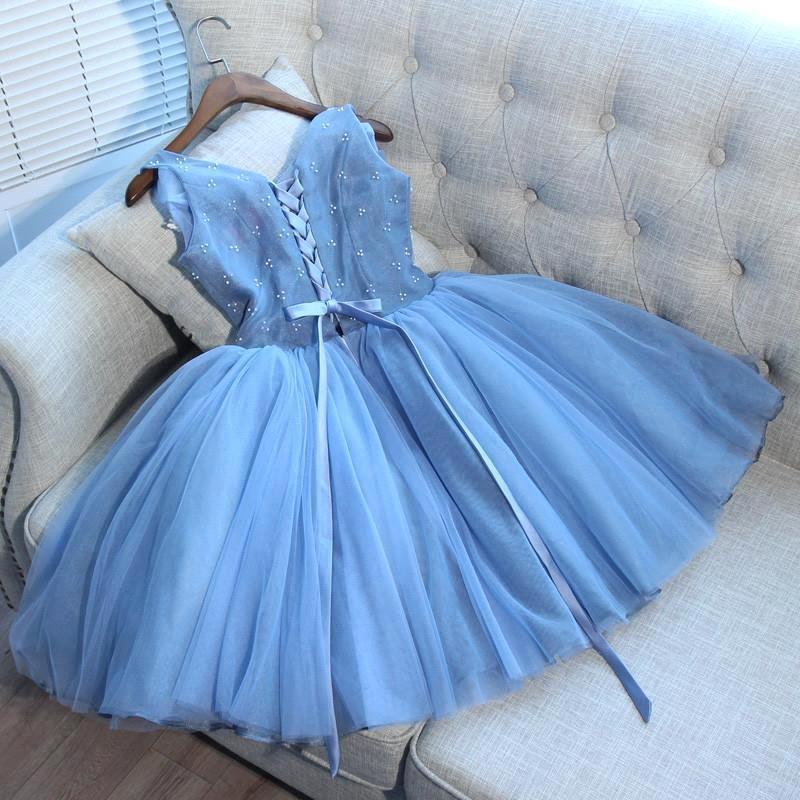Elegant Blue Sexy Short Homecoming Dresses V-Neck Lace-Up Cocktail Dresses-newarrivaldress