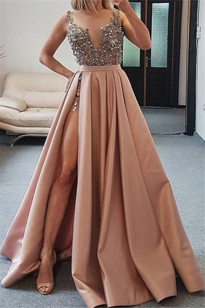 Elegant Straps Crystal Side-Slit A-Line Prom Dresses-newarrivaldress