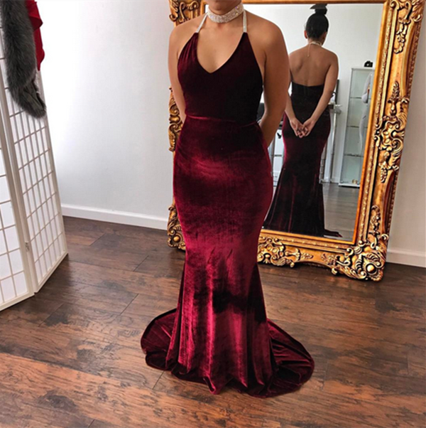 Halter Open Back Mermaid Velvet Evening Dresses | Sexy Sleeveless Sheath Prom Gowns-newarrivaldress