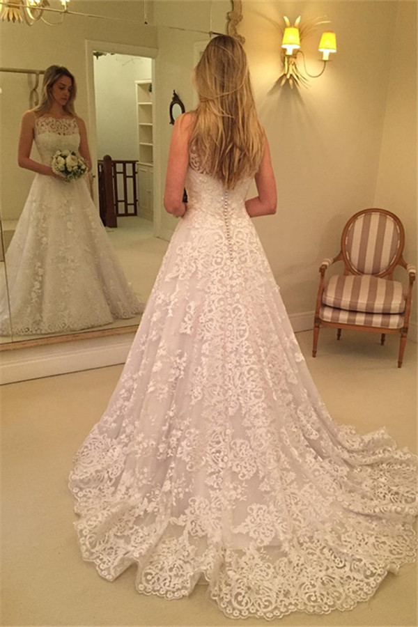 Sleeveless Sweep Train Lace Bridal Gowns | Buttons Spaghetti Straps Wedding Dresses-newarrivaldress