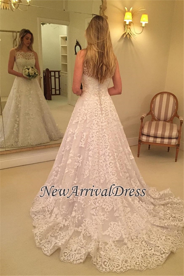 Sleeveless Sweep Train Lace Bridal Gowns | Buttons Spaghetti Straps Wedding Dresses-newarrivaldress