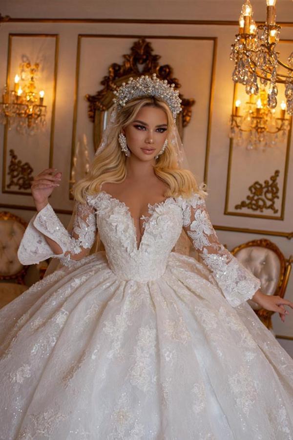 Gorgeous Puffy Sleeves Aline Wedding Dresses Tulle Lace Appliques Bridal Gown-newarrivaldress