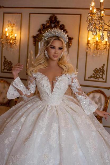 Gorgeous Puffy Sleeves Aline Wedding Dresses Tulle Lace Appliques Bridal Gown-newarrivaldress