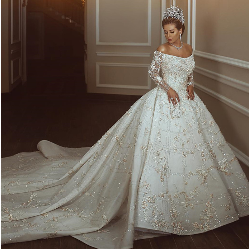 Off The Shoulder Shiny Appliques Ball Gown Wedding Dresses | Lace Long Sleeves Bridal Gowns-newarrivaldress