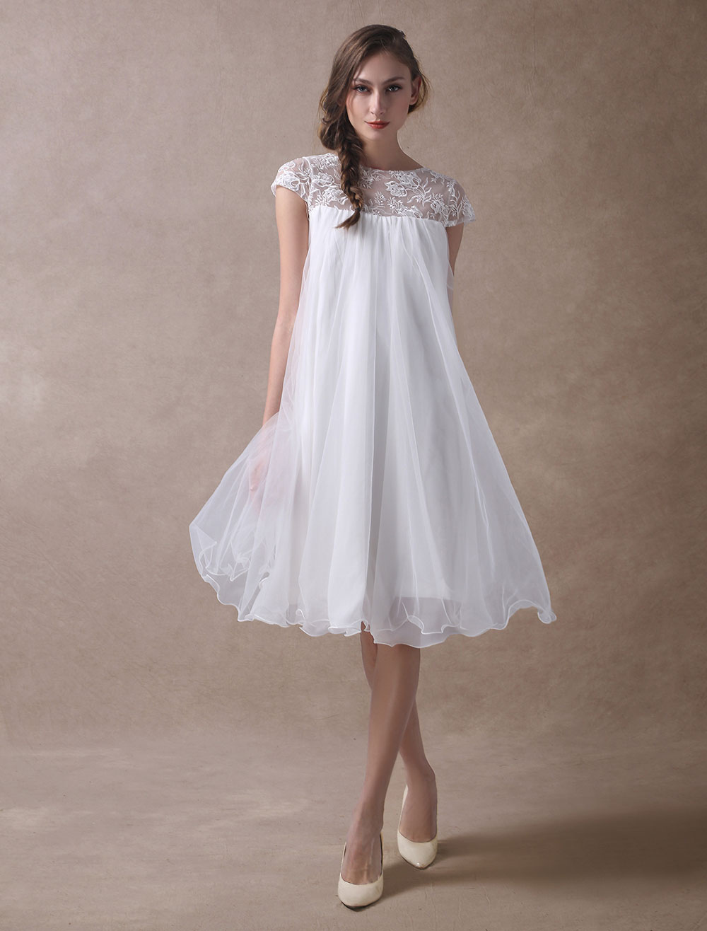Simple Wedding Dresses Short Empire Waist Lace Tulle Cap Sleeve Pregnant Bridal Dress Exclusive-newarrivaldress