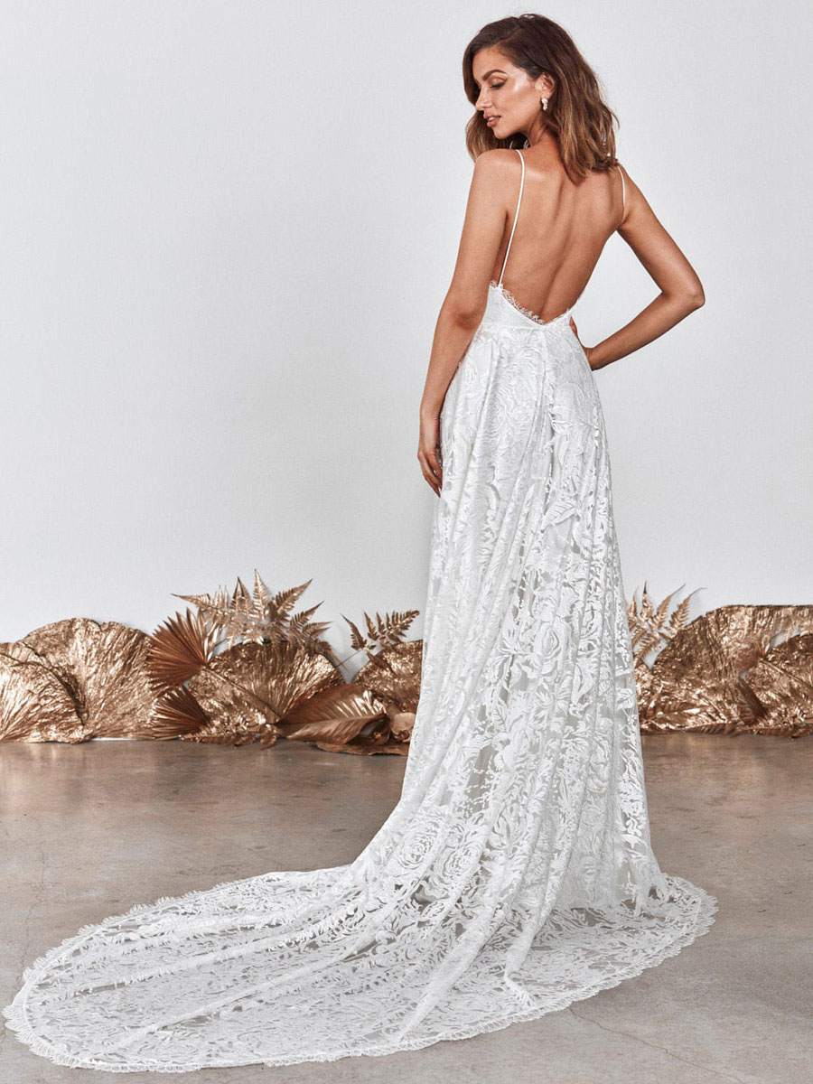 Wedding Dress Ivory V-Neck Backless Sleevelesslace Bridal Gowns With Train-newarrivaldress