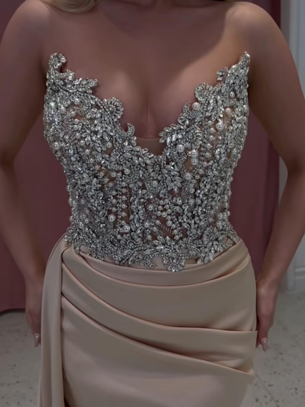 Charming Sleeveless Glitter Crystals Sheath Prom Dress Ruched Satin Pearls Long Evening Gown-newarrivaldress