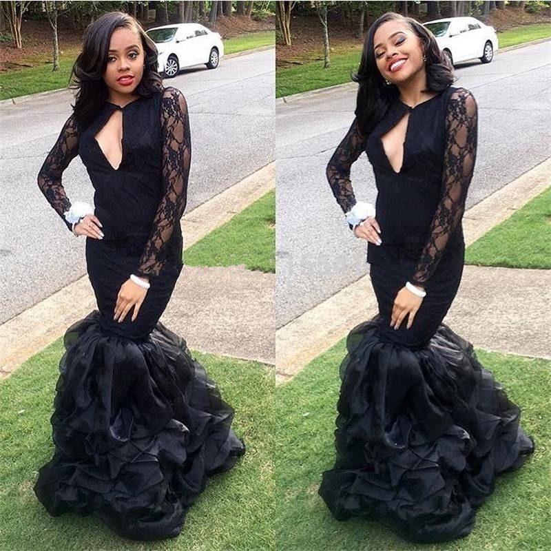 Keyhole-Neck Lace Black Ruffles-Skirt Mermaid Long-Sleeves Sexy Prom Dresses-newarrivaldress