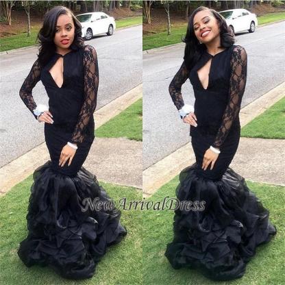 Keyhole-Neck Lace Black Ruffles-Skirt Mermaid Long-Sleeves Sexy Prom Dresses-newarrivaldress
