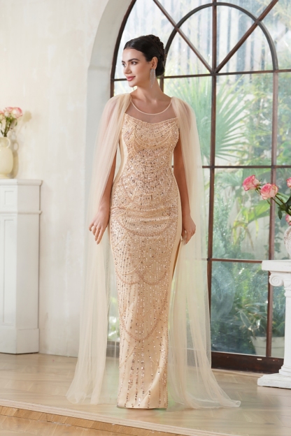 Champagne Tulle Trumpet Prom Dress with Cape Scoop Neck Beadings Long Evening Dress with Side Split-newarrivaldress