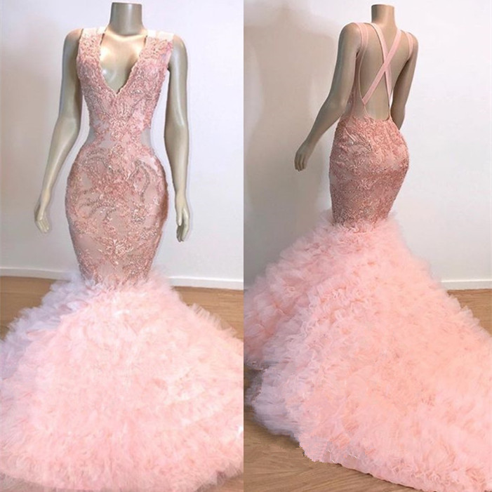 Mermaid Ruffles Junior Long Prom Dresses | Pink V-Neck Sleeveless Open Back Lace Evening Dresses-newarrivaldress