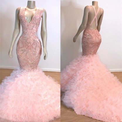 Mermaid Ruffles Junior Long Prom Dresses | Pink V-Neck Sleeveless Open Back Lace Evening Dresses-newarrivaldress