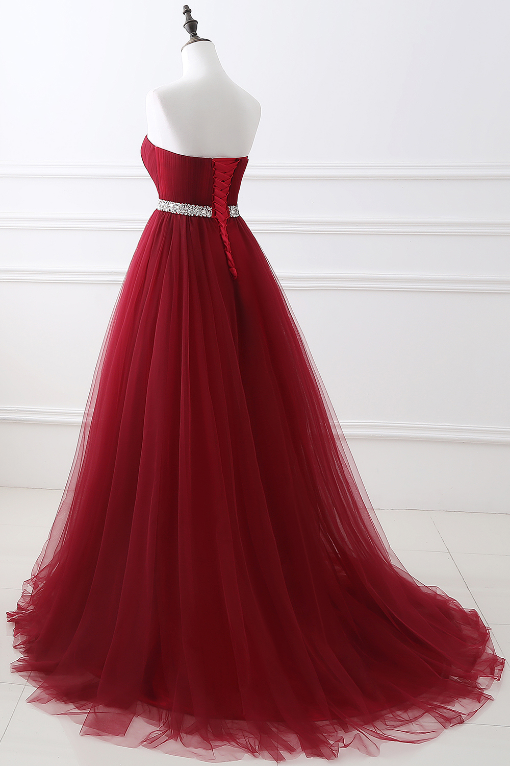 Custom Made Fluffy Tulle A-line Sweetheart Burgundy Prom Dresses With Beads Belt-newarrivaldress