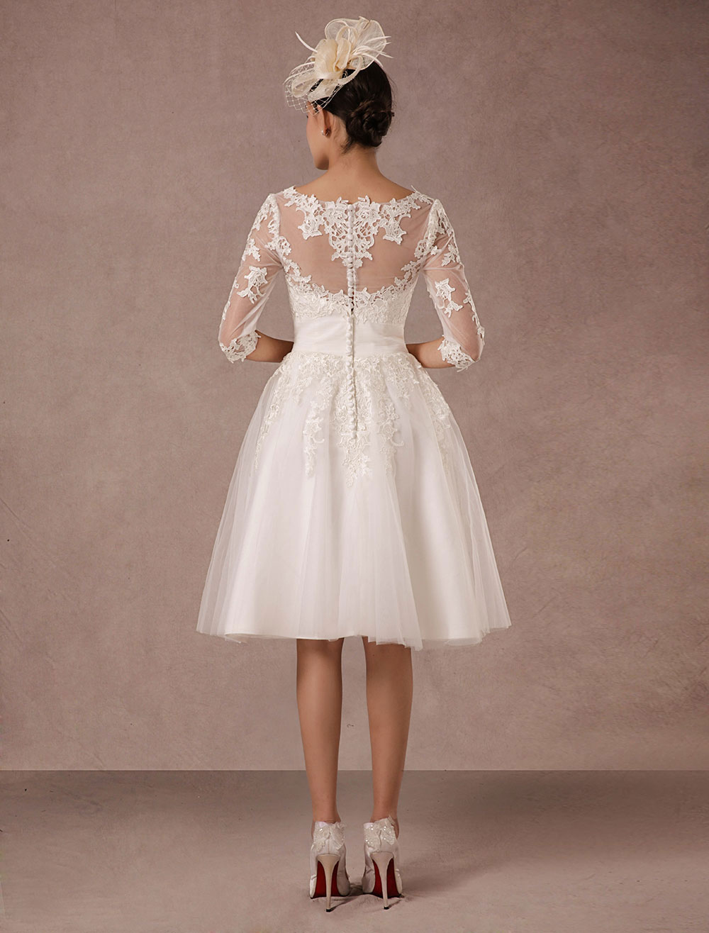 Short Wedding Dress Vintage Lace Applique Long Sleeves Tea Length A Line Tulle Bridal Gown With Flower Sash Exclusive-newarrivaldress